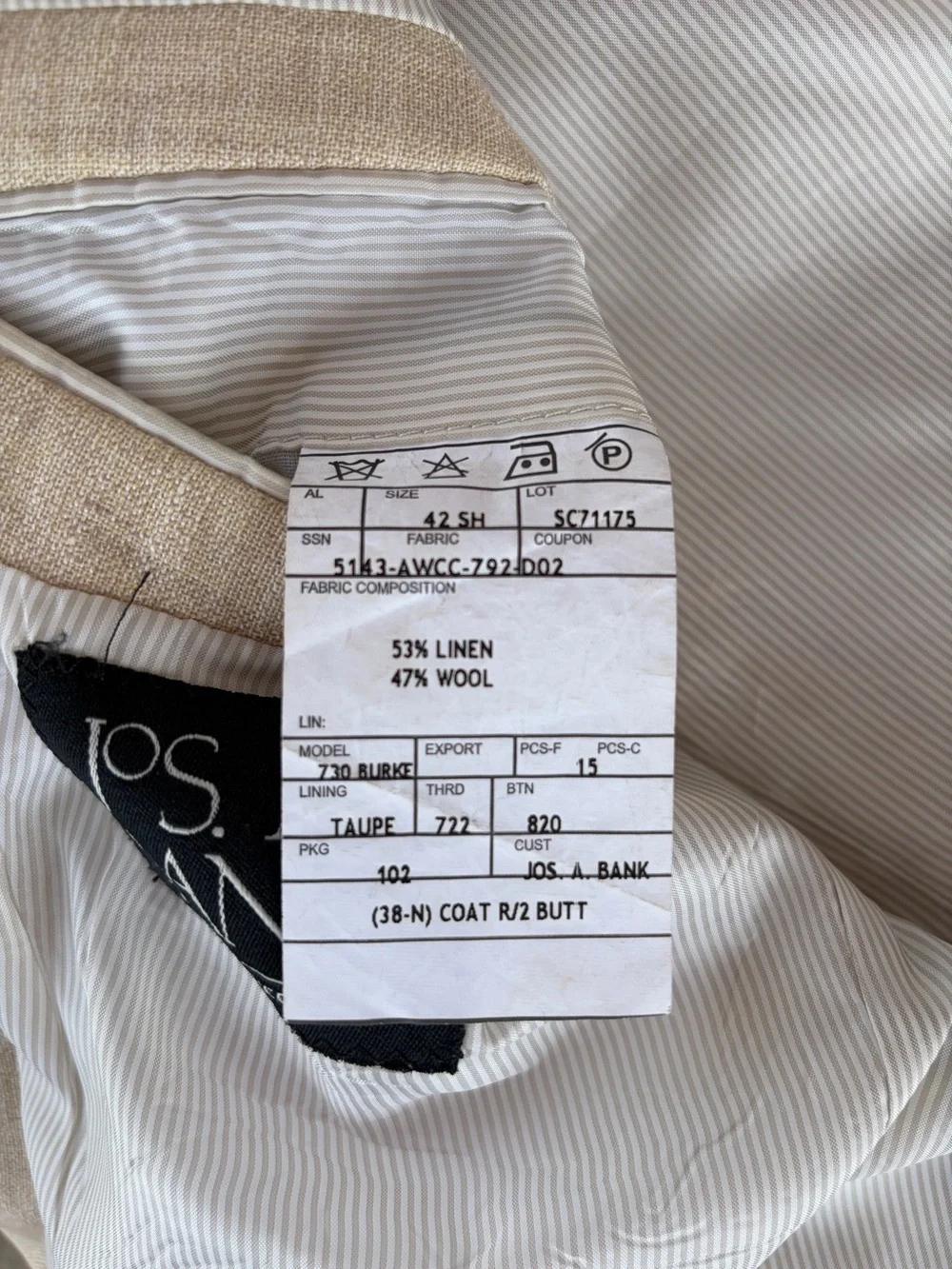 Jos A Bank Linen Wool Sport Coat 42 Short Beige Tan 2 Button Blazer